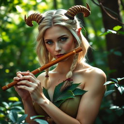 A beautiful faun woman with medium-length blonde hair styled in braids and adorned with small brown horns