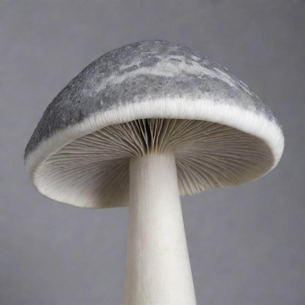 A realistic image of a white mushroom adorned with intricate grey stripes on its sides.