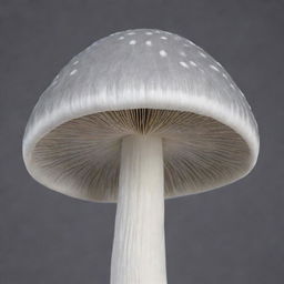 A realistic image of a white mushroom adorned with intricate grey stripes on its sides.