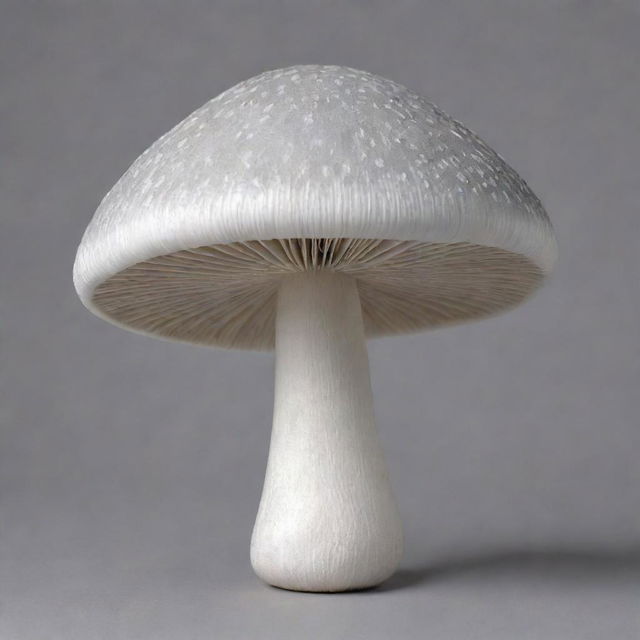 A realistic image of a white mushroom adorned with intricate grey stripes on its sides.