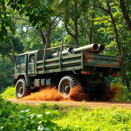 A rugged Brazilian military truck transporting artillery across a Brazilian landscape