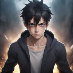 Create an anime-style powerful young man, looking directly at the viewer with terrifying eyes. He stands in a dramatic anime background, having just released his ultimate power.