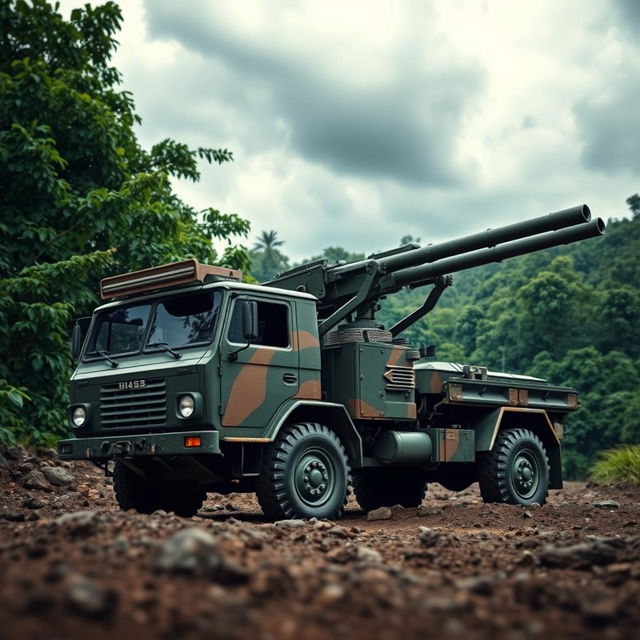 A Brazilian military truck equipped with heavy artillery, positioned on a rugged terrain