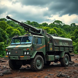 A Brazilian military truck equipped with heavy artillery, positioned on a rugged terrain