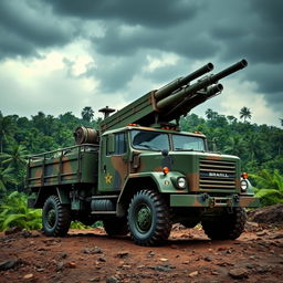 A Brazilian military truck equipped with heavy artillery, positioned on a rugged terrain