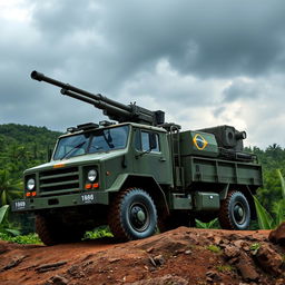 A Brazilian military truck equipped with heavy artillery, positioned on a rugged terrain