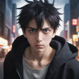 Create an anime-style powerful young man, looking directly at the viewer with terrifying eyes. He stands in a dramatic anime background, having just released his ultimate power.
