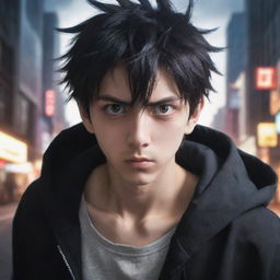 Create an anime-style powerful young man, looking directly at the viewer with terrifying eyes. He stands in a dramatic anime background, having just released his ultimate power.