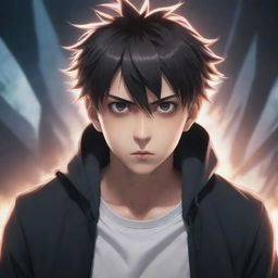 Create an anime-style powerful young man, looking directly at the viewer with terrifying eyes. He stands in a dramatic anime background, having just released his ultimate power.