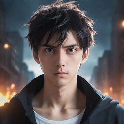 Create an anime-style powerful young man, looking directly at the viewer with terrifying eyes. He stands in a dramatic anime background, having just released his ultimate power.