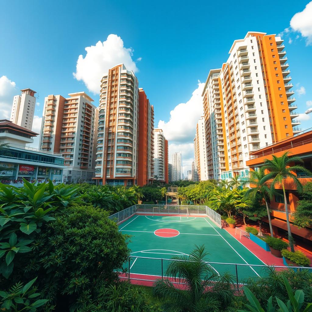 A vibrant futsal court nestled amidst towering city buildings, capturing the dynamic energy of urban life
