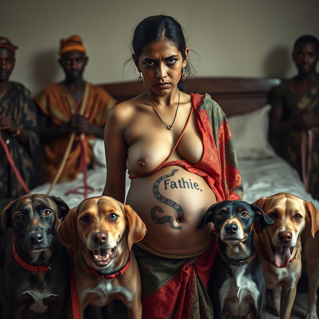 A worried, bruised, tired, and exhausted young pregnant Indian woman dressed in a colorful saree, her exposed midsection showcasing an intricate snake tattoo that symbolizes strength and resilience