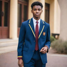 A striking young black adult male, donning a Della Sella school uniform showcasing captivating tones of blue, yellow, and maroon.