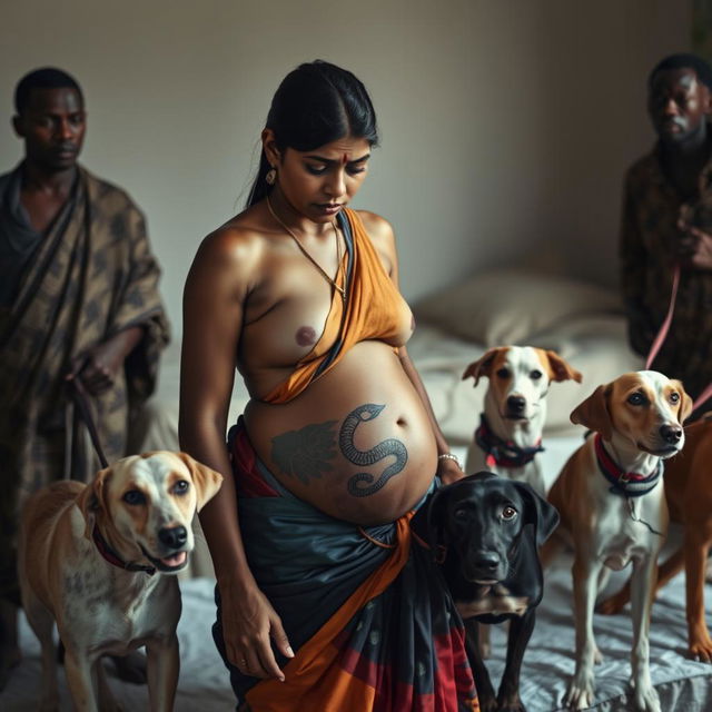 A worried, bruised, tired, and exhausted young pregnant Indian woman dressed in a colorful saree, her exposed midsection showcasing an intricate snake tattoo that symbolizes strength and resilience