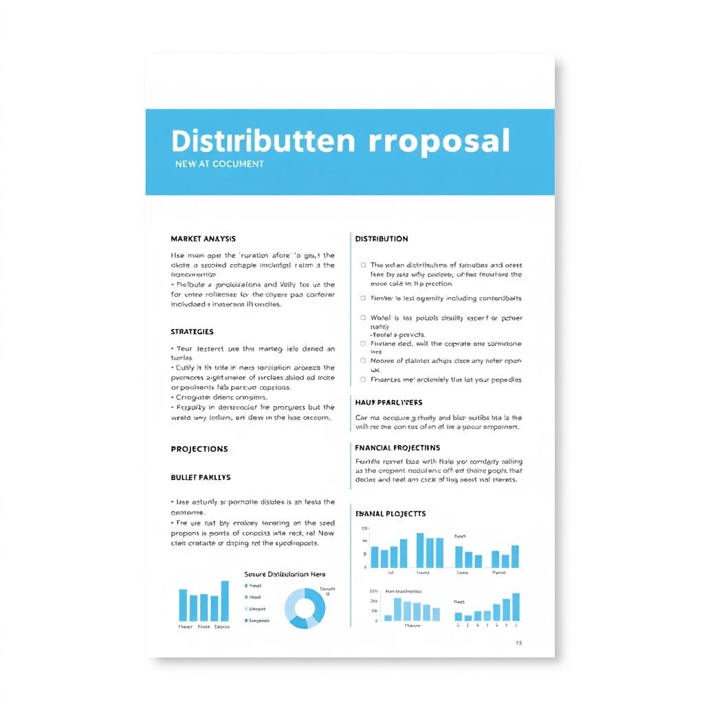 A professional distribution proposal document, featuring a clean corporate layout, clear headings, bullet points outlining key components such as market analysis, distribution strategies, financial projections, and benefits