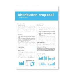 A professional distribution proposal document, featuring a clean corporate layout, clear headings, bullet points outlining key components such as market analysis, distribution strategies, financial projections, and benefits