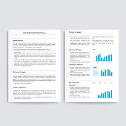 A professional distribution proposal document, featuring a clean corporate layout, clear headings, bullet points outlining key components such as market analysis, distribution strategies, financial projections, and benefits