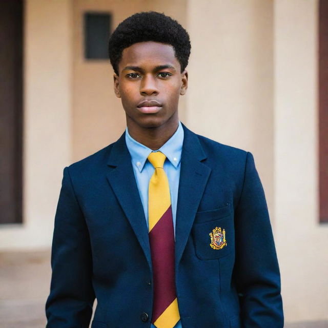 A striking young black adult male, donning a Della Sella school uniform showcasing captivating tones of blue, yellow, and maroon.