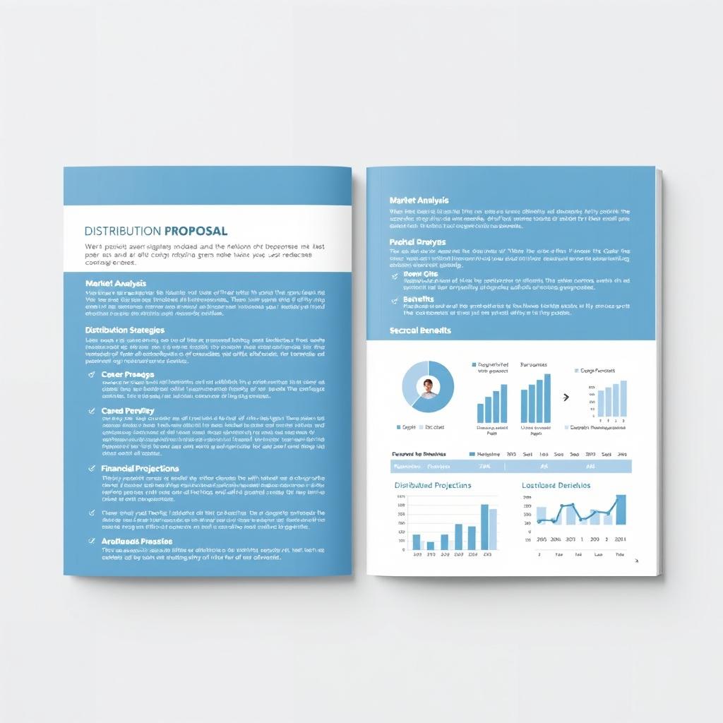 A professional distribution proposal document, featuring a clean corporate layout, clear headings, bullet points outlining key components such as market analysis, distribution strategies, financial projections, and benefits