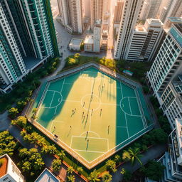 An aerial view of a vibrant futsal court surrounded by urban city buildings, designed in a perspective that resembles the eight-star Sun symbol of the Philippines