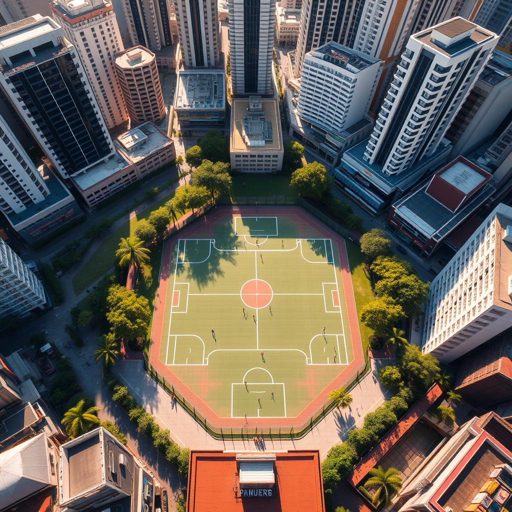 An aerial view of a vibrant futsal court surrounded by urban city buildings, designed in a perspective that resembles the eight-star Sun symbol of the Philippines