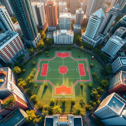 An aerial view of a vibrant futsal court surrounded by urban city buildings, designed in a perspective that resembles the eight-star Sun symbol of the Philippines