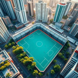 An aerial view of a vibrant futsal court surrounded by urban city buildings, designed in a perspective that resembles the eight-star Sun symbol of the Philippines