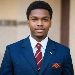 A striking young black adult male, donning a Della Sella school uniform showcasing captivating tones of blue, yellow, and maroon.