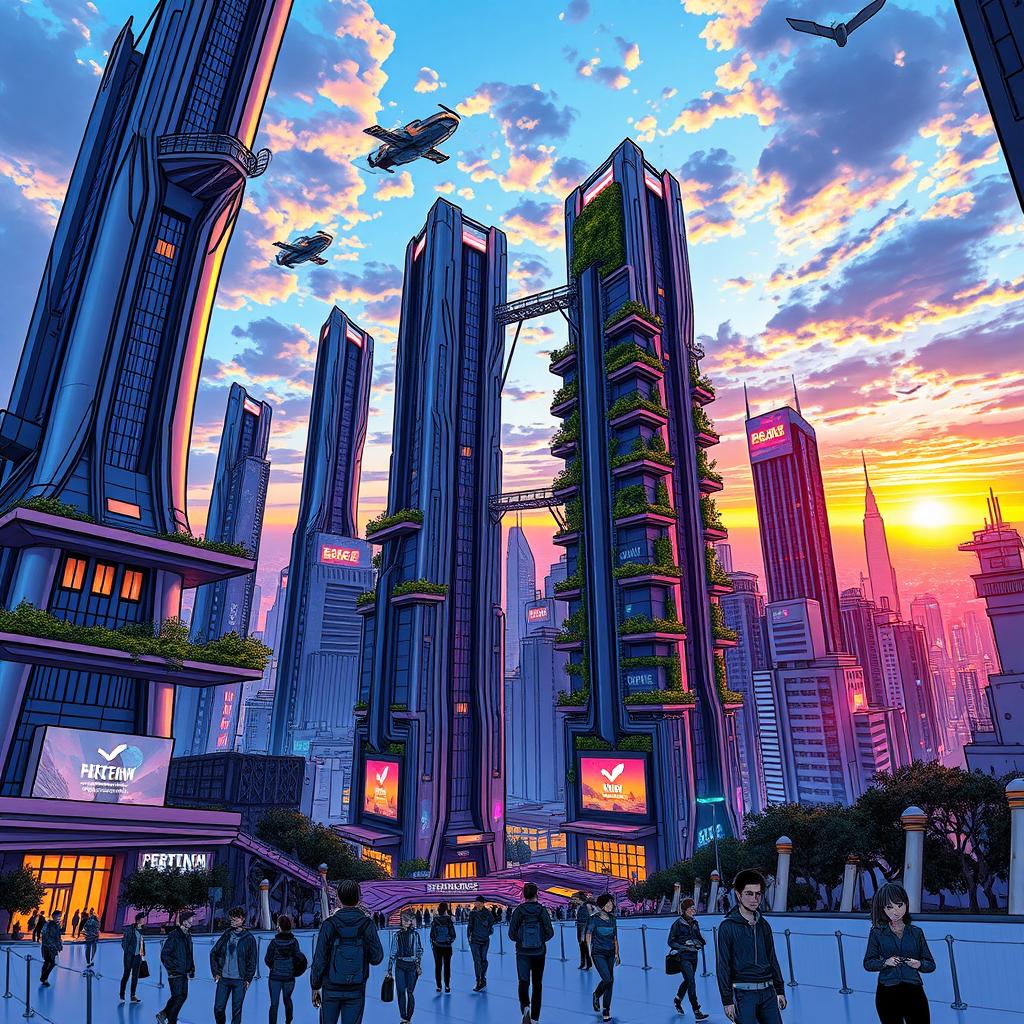 A futuristic cityscape sketch featuring towering skyscrapers with sleek, metallic designs, interconnected by elevated walkways