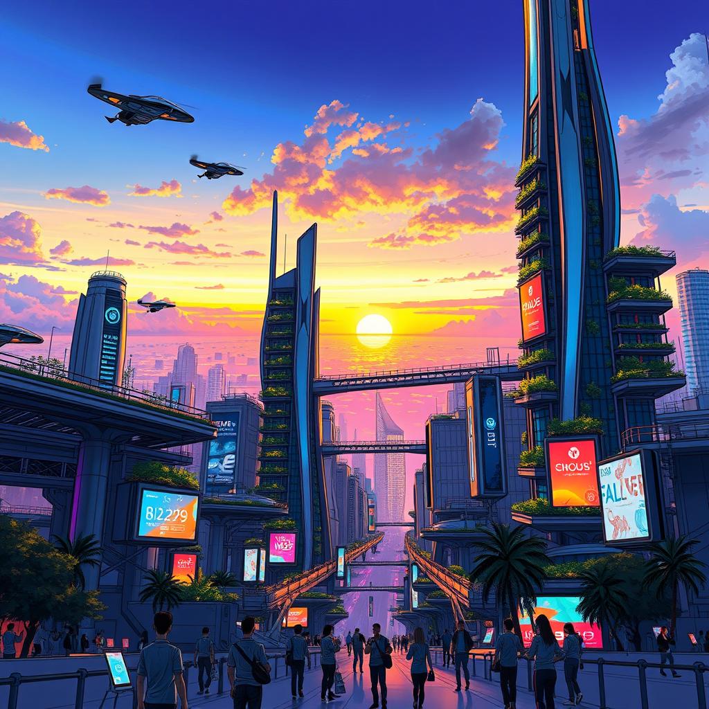 A futuristic cityscape sketch featuring towering skyscrapers with sleek, metallic designs, interconnected by elevated walkways