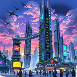 A futuristic cityscape sketch featuring towering skyscrapers with sleek, metallic designs, interconnected by elevated walkways