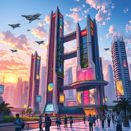 A futuristic cityscape sketch featuring towering skyscrapers with sleek, metallic designs, interconnected by elevated walkways