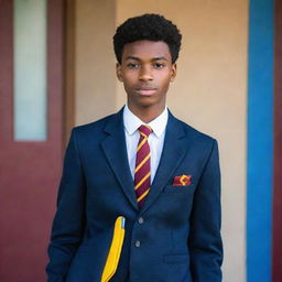 A striking young black adult male, donning a Della Sella school uniform showcasing captivating tones of blue, yellow, and maroon.