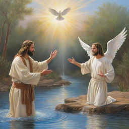 Create a biblical scene of Christ being baptized. He is in the Jordan River, as John the Baptist performs the sacrament. The Dove of the Holy Spirit descends from the heavens, and divine light brings an aura of holiness.