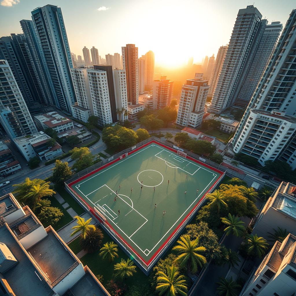 An aerial view of a rectangular futsal court surrounded by urban city buildings, designed in a perspective that resembles the eight-star Sun symbol of the Philippines