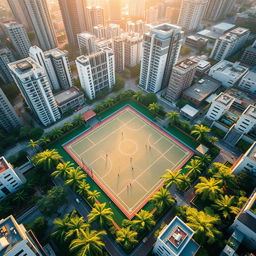 An aerial view of a rectangular futsal court surrounded by urban city buildings, designed in a perspective that resembles the eight-star Sun symbol of the Philippines