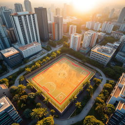 An aerial view of a rectangular futsal court surrounded by urban city buildings, designed in a perspective that resembles the eight-star Sun symbol of the Philippines