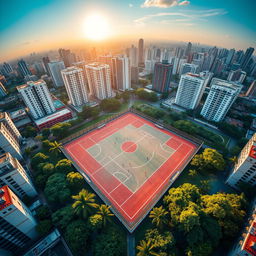 An aerial view of a rectangular futsal court surrounded by urban city buildings, designed in a perspective that resembles the eight-star Sun symbol of the Philippines