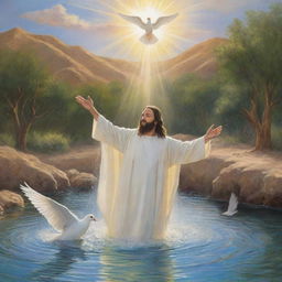 Create a biblical scene of Christ being baptized. He is in the Jordan River, as John the Baptist performs the sacrament. The Dove of the Holy Spirit descends from the heavens, and divine light brings an aura of holiness.