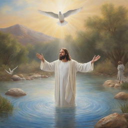 Create a biblical scene of Christ being baptized. He is in the Jordan River, as John the Baptist performs the sacrament. The Dove of the Holy Spirit descends from the heavens, and divine light brings an aura of holiness.