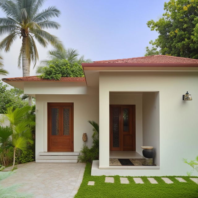 A four-bedroom house featuring one attached bathroom, one common bathroom, a kitchen, and a hall with stairs centrally located, all fitting within a 1000 square foot plot.