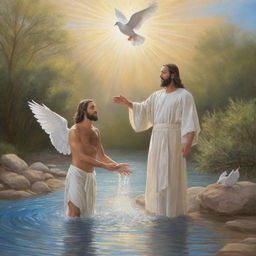 Create a biblical scene of Christ being baptized. He is in the Jordan River, as John the Baptist performs the sacrament. The Dove of the Holy Spirit descends from the heavens, and divine light brings an aura of holiness.