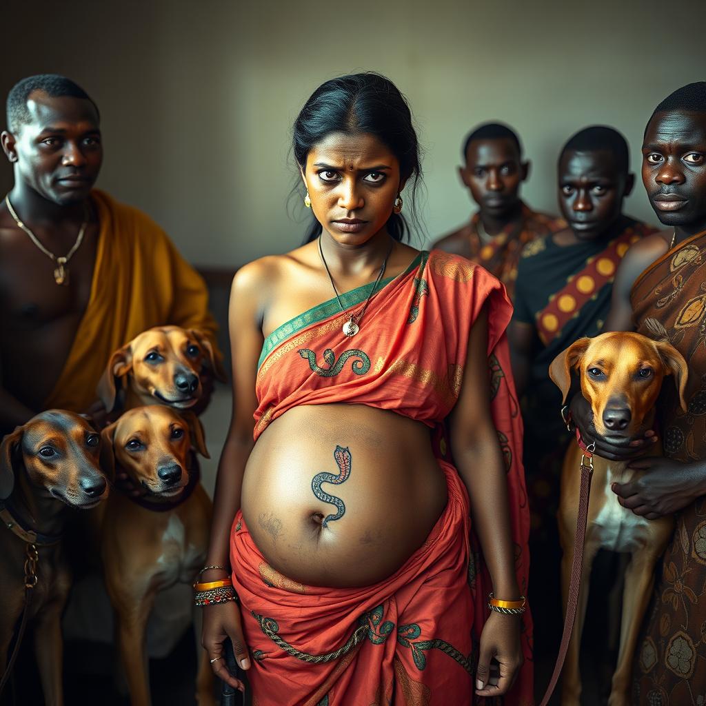 A worried, bruised, tired, and exhausted young pregnant Indian woman wearing a vibrant saree, with an exposed midsection showcasing a striking snake tattoo that signifies strength and tenacity