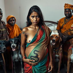 A worried, bruised, tired, and exhausted young pregnant Indian woman wearing a vibrant saree, with an exposed midsection showcasing a striking snake tattoo that signifies strength and tenacity