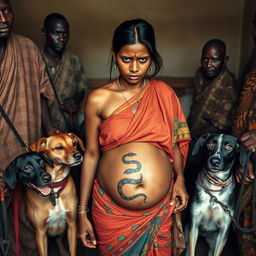 A worried, bruised, tired, and exhausted young pregnant Indian woman wearing a vibrant saree, with an exposed midsection showcasing a striking snake tattoo that signifies strength and tenacity