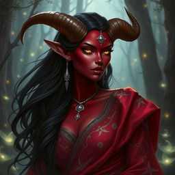 A beautiful tiefling woman with deep crimson skin, large curved horns on her head, and glowing golden eyes