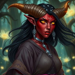 A beautiful tiefling woman with deep crimson skin, large curved horns on her head, and glowing golden eyes