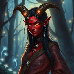 A beautiful tiefling woman with deep crimson skin, large curved horns on her head, and glowing golden eyes