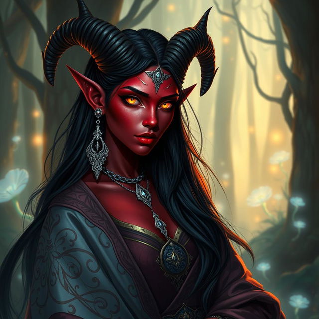 A beautiful tiefling woman with deep crimson skin, large curved horns on her head, and glowing golden eyes