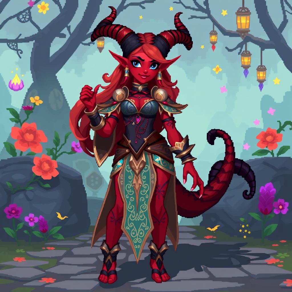 A vibrant pixel art depiction of a tiefling woman, showcasing her unique features like crimson skin, curved horns, and a long, elegant tail